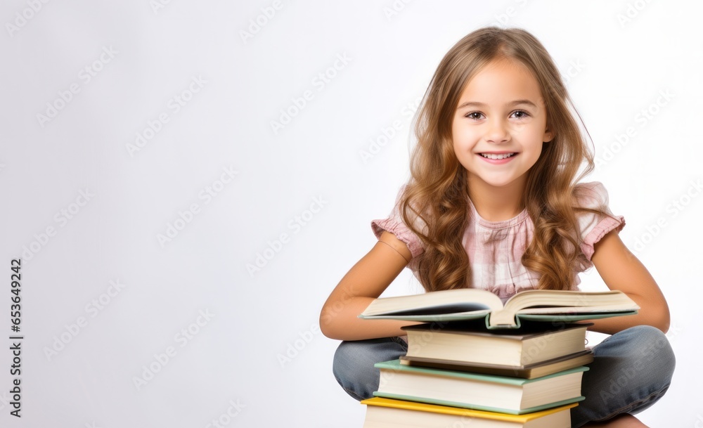 Portrait of a little girl embracing her books, isolated over white background Portrait of a little girl embracing her books, isolated over white background