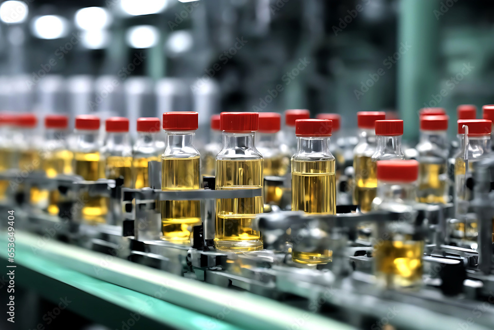 Medical vials are being manufactured on a pharmaceutical production line, with specialized machinery producing pharmaceutical-grade glass bottles.