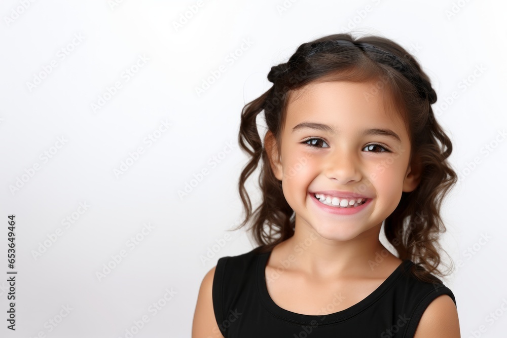 Adorable six years old girl in black top isolated on white studio background, pretty brown-haired fringe hairstyle european appearance child pose indoor smiling look at camera. Adorable six years old girl in black top isolated on white studio background, pretty brown-haired fringe hairstyle european appearance child pose indoor smiling look at camera.