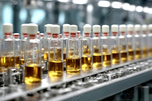Medical vials are being manufactured on a pharmaceutical production line, with specialized machinery producing pharmaceutical-grade glass bottles.