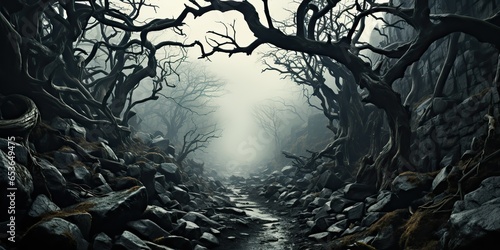 Fototapeta Naklejka Na Ścianę i Meble -  AI Generated. AI Generative. Spooky horror evil dark gothic halloween forest jungle twisted tree branches decoration background. Can be used for Halloween inspiration