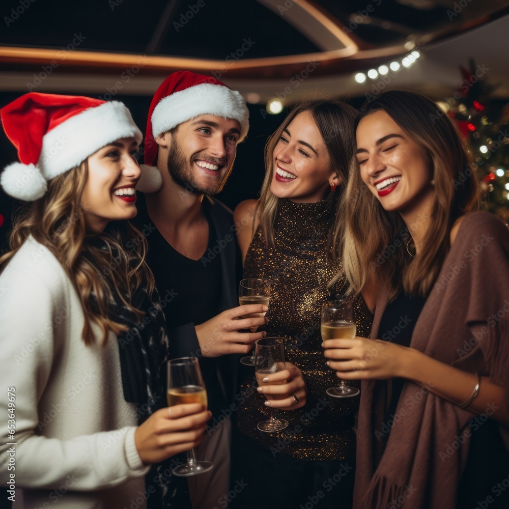 Fototapeta premium Group of friends celebrating Christmas on luxury yacht at exclusive boat party