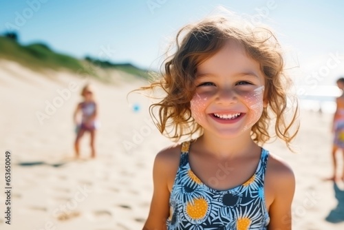 Fototapeta Naklejka Na Ścianę i Meble -  Portrait of a smiling child girl having fun on the beach during vacation time