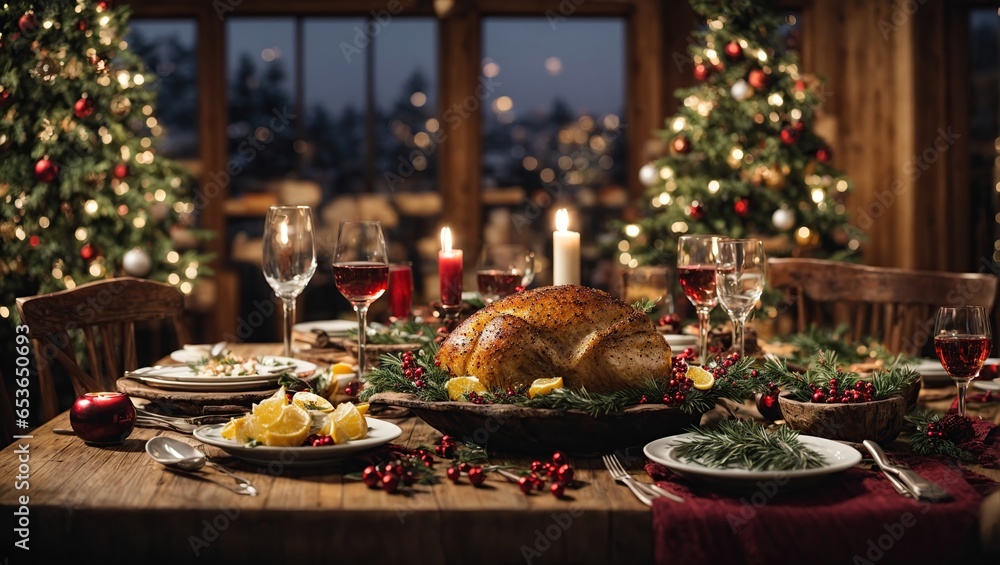 A rustic Christmas dinner, served on a table set with handcrafted decorations and a warm, inviting atmosphere