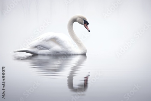 Beautiful white swan swimming on water with reflection in thick fog on the lake
