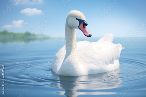 Beautiful white swan swimming on water in river or lake, summer day