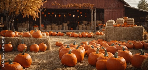 A rustic harvest celebration, with pumpkins piled high on hay bales and used as props for fun fall-themed games and activities photo