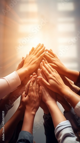 Working together concept with hands united together in the air, solidarity or group collaboration Workforce, diversity and networking in community, business or company staff huddle for team building