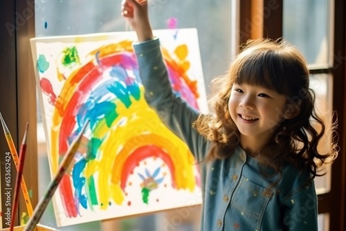 A little girl is happily drawing and painting.