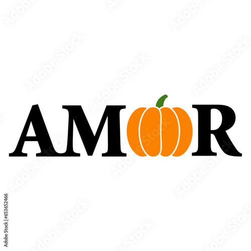 Logo con letras palabra Amor en español con con silueta de calabaza en lugar de letra O para su uso en invitaciones y tarjetas