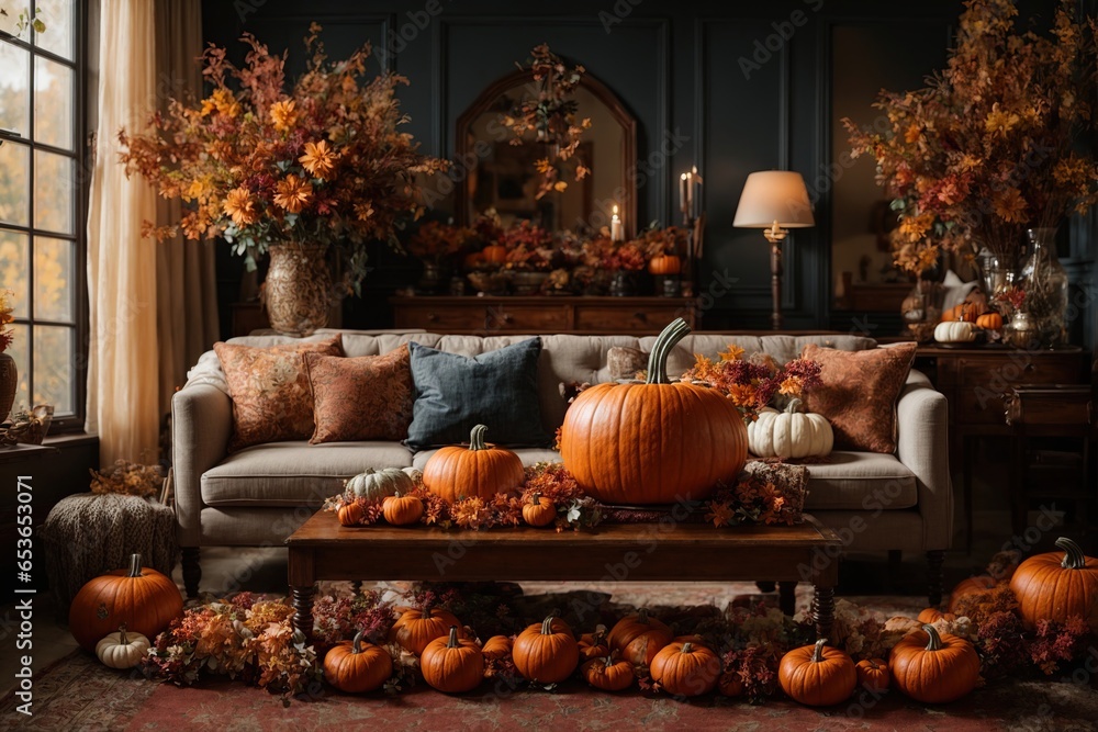 Obraz premium Experience the magic of autumn with this living room, boasting a stunning fall color palette, intricate floral arrangements, and charming pumpkin decor
