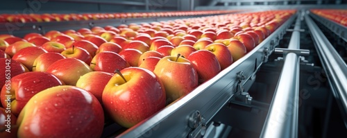 An Apple Conveyor Belt At Work Showcasing Food Production . Сoncept Food Production Processes, Apples Conveyor Belt Technology, Efficiency Of Automation, Benefits Of Food Production Lines