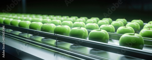 An Apple Conveyor Belt At Work Showcasing Food Production . Сoncept Apples Conveyor Belt System, Automating Food Production, The Industrial Revolution Of Food photo