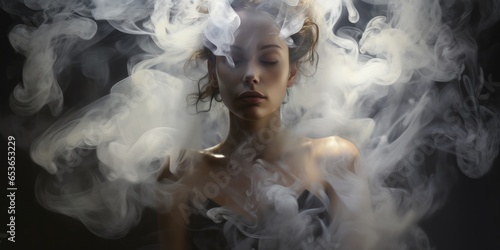 An Image Of A Woman Made Of Smoke And Mist Demonstrating The Fusion Of Technology And Art . Сoncept Fusion Of Technology And Art, Image Of Woman Made Of Smoke, Mist And Smoke Portraits