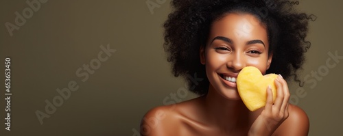 An Optimistic Afro American Woman Cleanses Her Face With Foam Refreshes Her Skin And Holds A Heartshaped Sponge For Beauty Procedures With Her Eyes Closed
