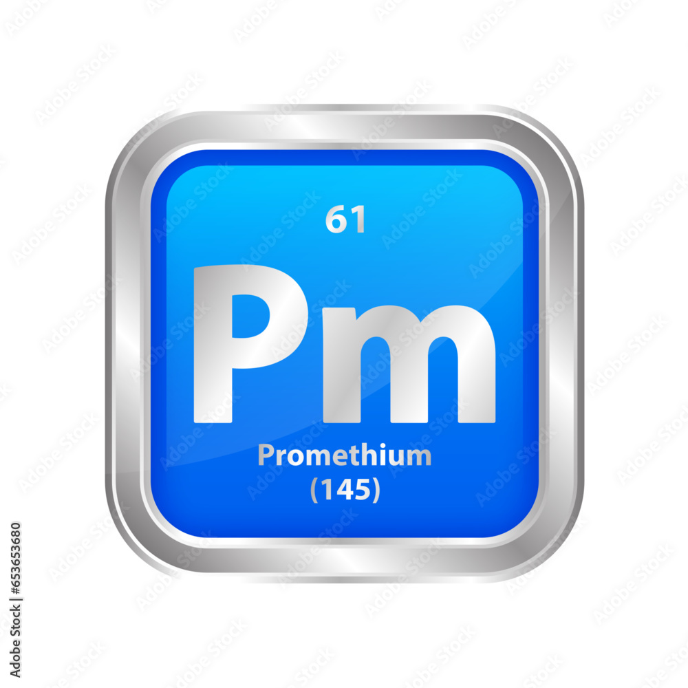 Icon structure Promethium (Pm) number chemical element square blue line silver. Periodic table. Sign with atomic number. Study in science for education. 3D vector illustration. Icon structure Promethium (Pm) number chemical element square blue line silver. Periodic table. Sign with atomic number. Study in science for education. 3D vector illustration.