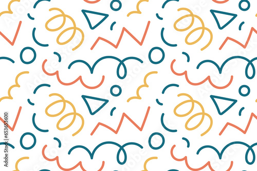 Creative cute squiggle print with colored abstract squiggles. Seamless pattern with doodles. design with basic shapes. Simple childish color scribble wallpaper print. Simple party confetti