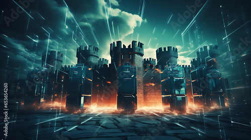 A digital fortress surrounded by firewalls and shields, symbolizing cybersecurity and the importance of protecting sensitive information