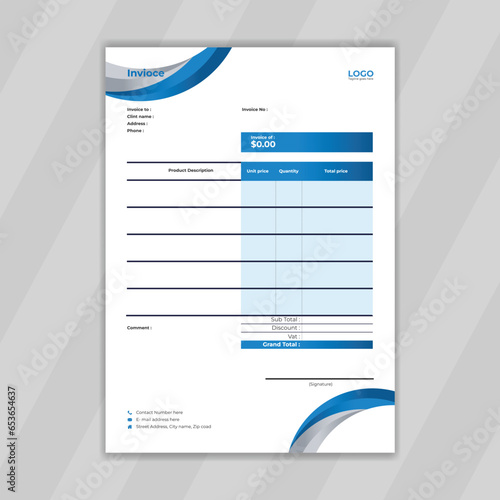 Easy to customize vector design for invoice. Professional and unique design template for billing with a4 page. Easy to edit AI design layout for stationery. Clean design for finance document .