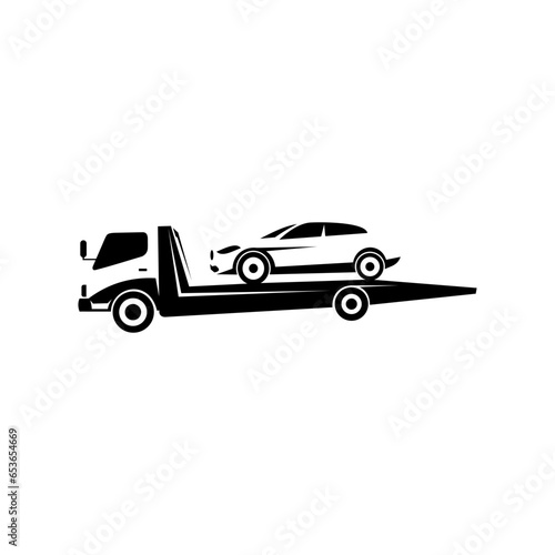 Black silhouette of tow truck with broken car. Suitable for your design need, logo, illustration, animation, etc.