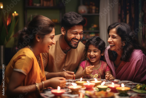 Indian family celebrating together traditional festival.
