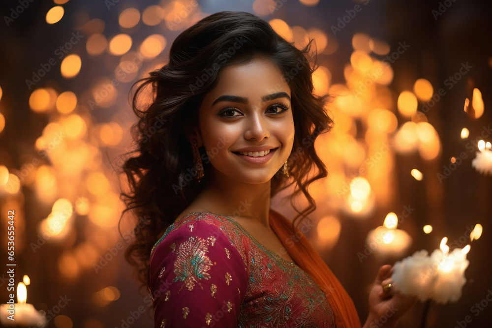 Indian woman giving happy expression and celebrating diwali festival. Indian woman giving happy expression and celebrating diwali festival.