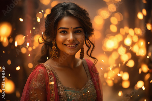Indian woman giving happy expression and celebrating diwali festival.