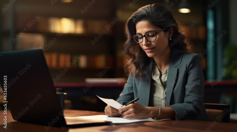 Indian businesswoman or corporate employee using laptop - obrazy, fototapety, plakaty 