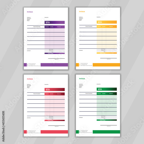 Simple and minimal design concept for corporate invoice design. Multi color editable design for finance document design. Easy to customize  invoice design presentation look simple.