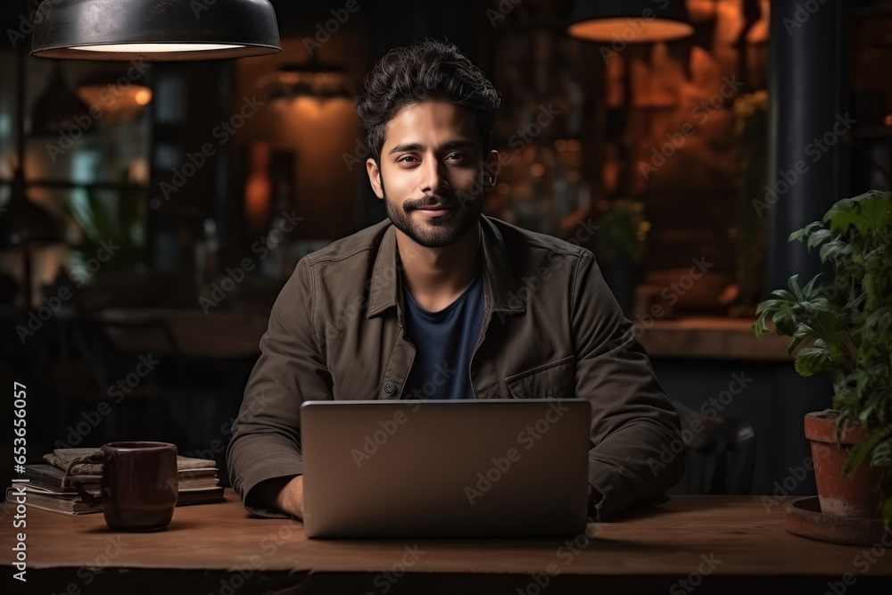 Indian man working on laptop at home. Indian man working on laptop at home.