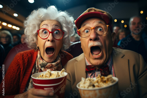 Bright facial expression, human emotions concept. Funny portrait of two senior old couple scared shocked or impressed group with popcorn in hands. Enjoy watching horror movie or thriller in the cinema