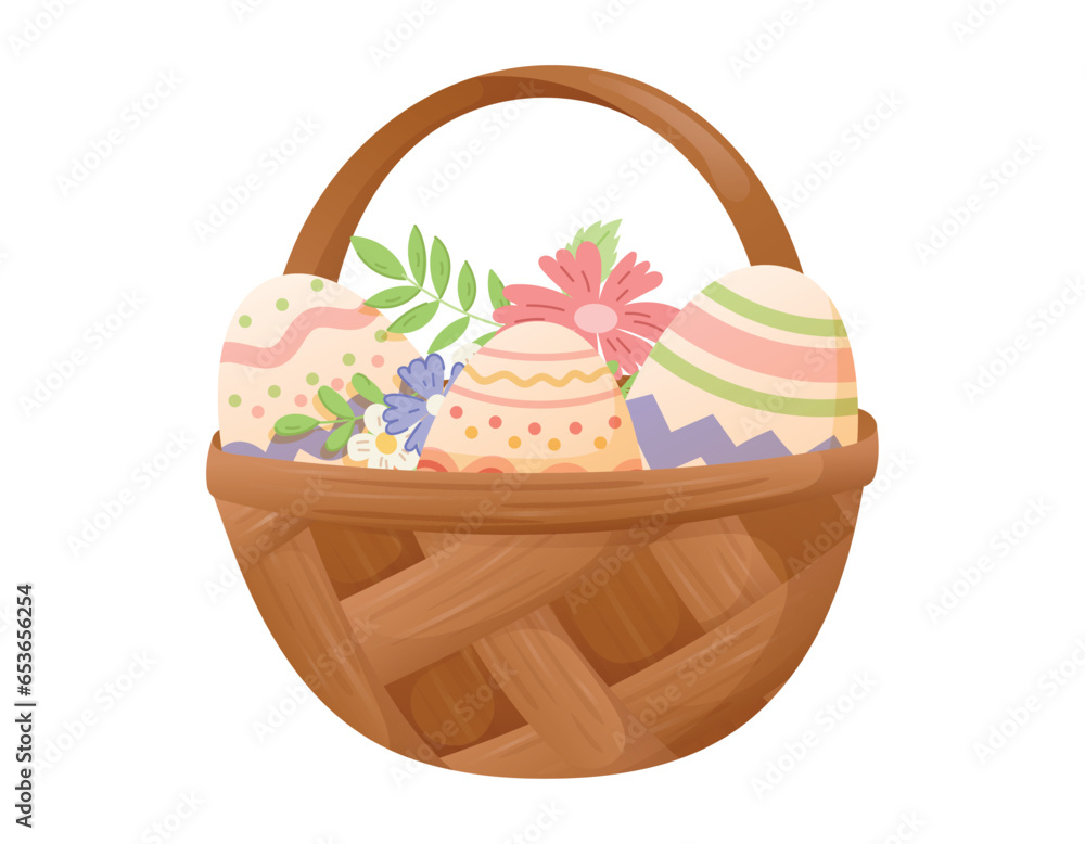 Wicker flat basket with decorated eggs and flowers. Easter holiday gift. Vector isolated cartoon illustration. Wicker flat basket with decorated eggs and flowers. Easter holiday gift. Vector isolated cartoon illustration.