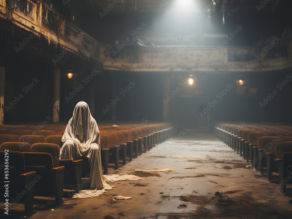 Spooky ghost on abandoned theatre stage. - obrazy, fototapety, plakaty 