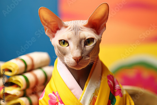 peterbald cat wearing a sushi roll costume against a gold background photo