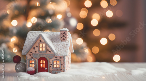 close up photo of the Christmas toy house is lovingly covered with a cozy scarf as snowflakes delicately fall upon it. The scene is set against a backdrop of real snow covered fir tree, Generation AI
