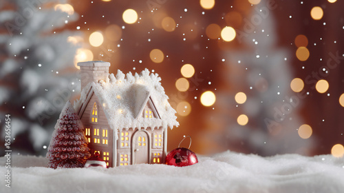 close up photo of the Christmas toy house is lovingly covered with a cozy scarf as snowflakes delicately fall upon it. The scene is set against a backdrop of real snow covered fir tree, Generation AI