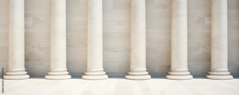 White Ancient Marble Pillars Form A Solemn Row Evoking A Sense Of Antiquity . Сoncept Ancient Marble Architecture, White Pillars, Antique Atmosphere, Solemn Row