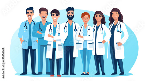 illustration of a medical staff, group of doctors and nurses. Unity concept on white background. Generation AI