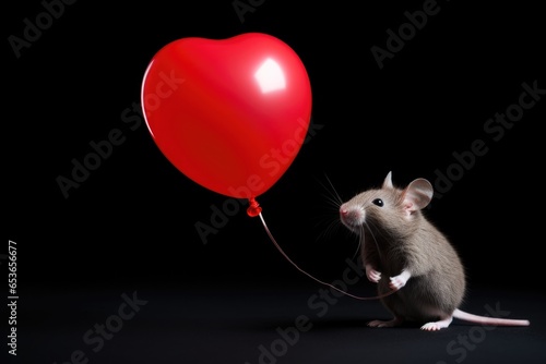Mouse holding red heart shaped balloon on black background. Valentine's day greeting card.