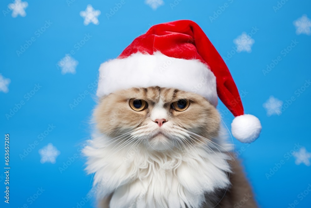 laperm cat wearing a santa hat against a periwinkle blue background laperm cat wearing a santa hat against a periwinkle blue background