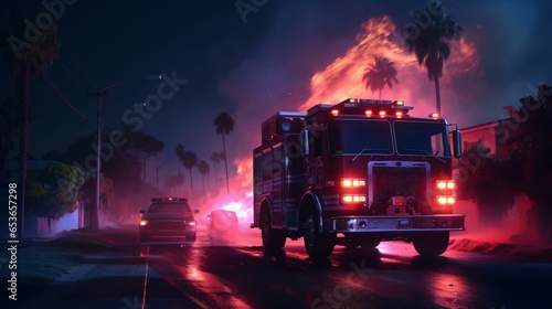 Firefighter truck in action driving through the burning forest and city in the night with fog effect