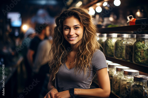 woman seller in marijuana shop. Happy girl customer choose and buy cannabis in store