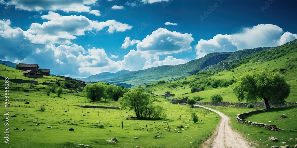 AI Generated. AI Generative. Nature outdoor landscape bacgkround with hill mountain field meadow countryside and road. Adventure vacation travel country time
