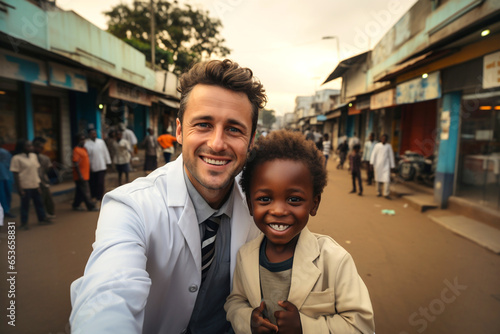 Portrait of African health professional pediatrician wearing white medical suit and black kid boys smiling looking at camera in street of South Africa after examining, treating child health care