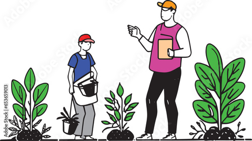 person with flowers, gardening, park illustration.