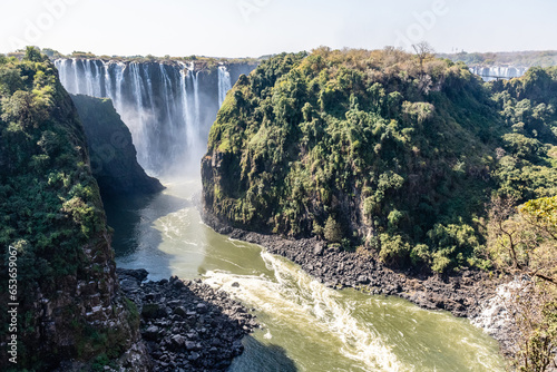 Victoria Falls, as seen from the Victoria Falls Bridge, connecting Zimbabwe and Zambia