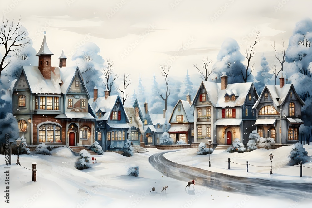 watercolor Christmas village with people, snow, and Christmas tree. generative ai