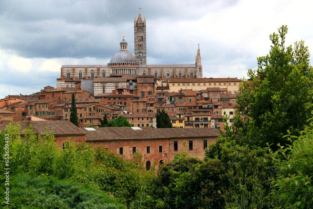 Fototapeta premium View of the historic part of the city of Siena with the Duomo di Siena and green trees and bushes in the foreground against a stormy sky in the Tuscany region of Italy