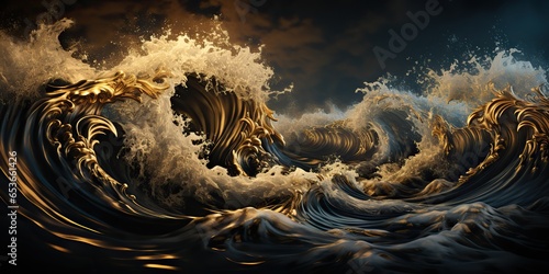 AI Generated. AI Generative. Dark black and yellow splash water sea ocean waves decorative background. Graphic Art