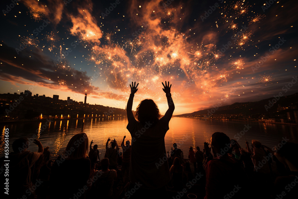 Crowd of people celebrating New Year eve in Rio de Janeiro, Brasil - Generative AI - obrazy, fototapety, plakaty 
